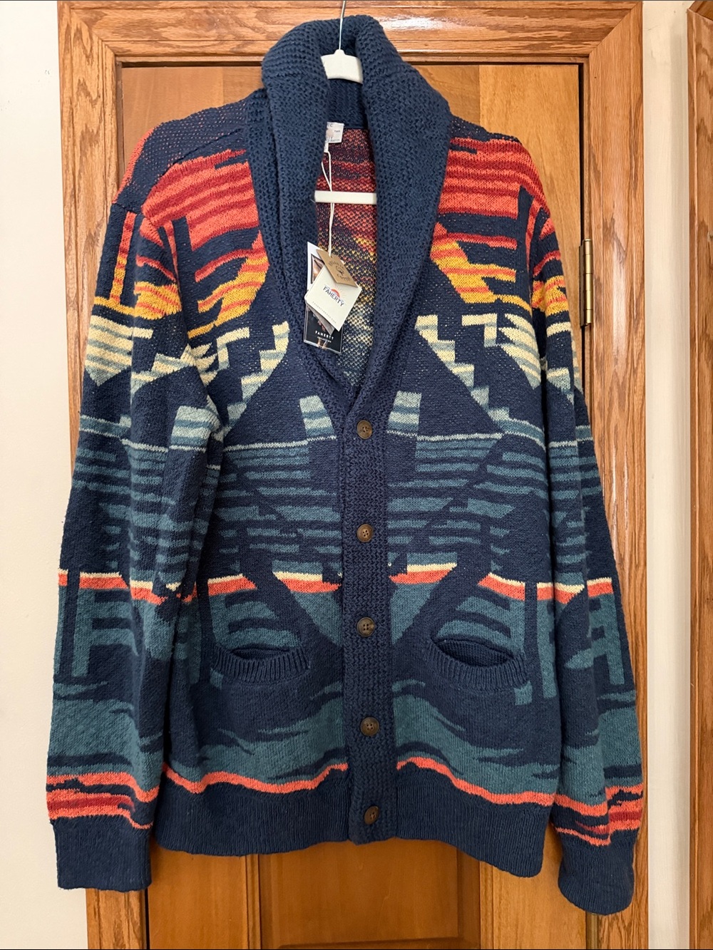 Faherty Navy Shawl-Collar Cardigan with Sunset Pattern